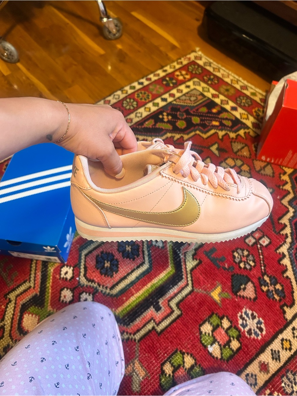 Nike Pink Leather Cortez with Metallic Gold Swoosh Accent